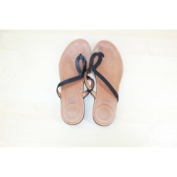FITFLOP Banda Black Leather Thong Slim Wedge Thong Sandals Size 11 - Picture 6 of 9